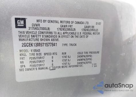 2007 Chevrolet Silverado 1500 Lt1 z USA, uszkodzony, nr VIN 2GCEK13M971577841